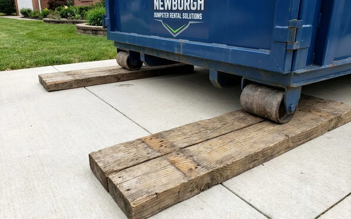 Roll-off dumpster placed on planks on a Newburgh driveway