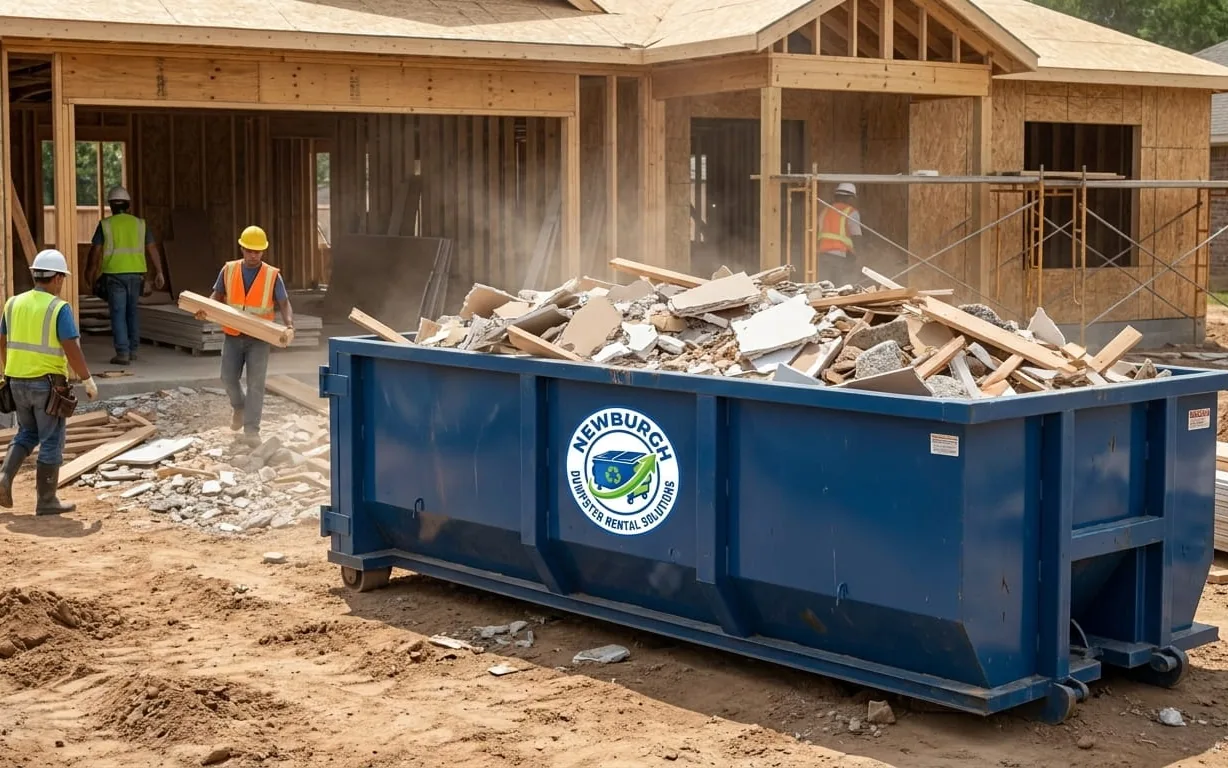 Roll-off dumpster on a Newburgh driveway loaded with construction debris